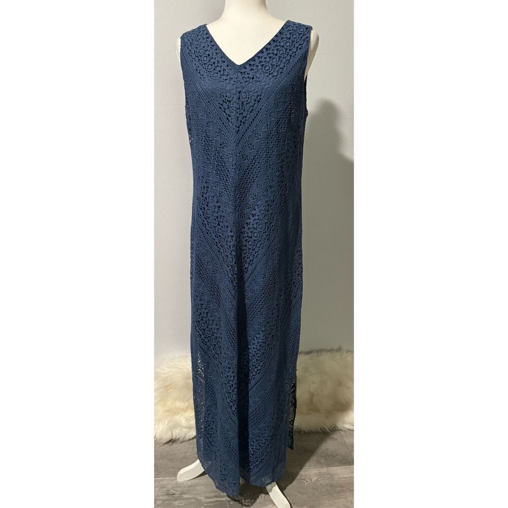 Sleeveless Blue Crochet Maxi Dress - V-Neck - Picture 2 of 8